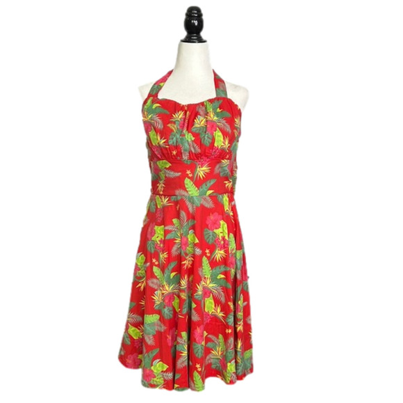 Love Red Tropical Print Halter Sundress - Picture 1 of 8